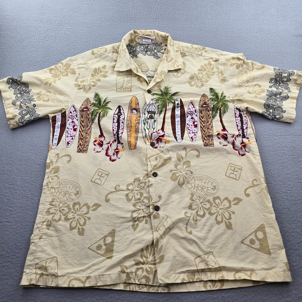 Vintage Winnie Fashion Hawaiian Shirt Mens Medium Beige Printed Collar Button Up